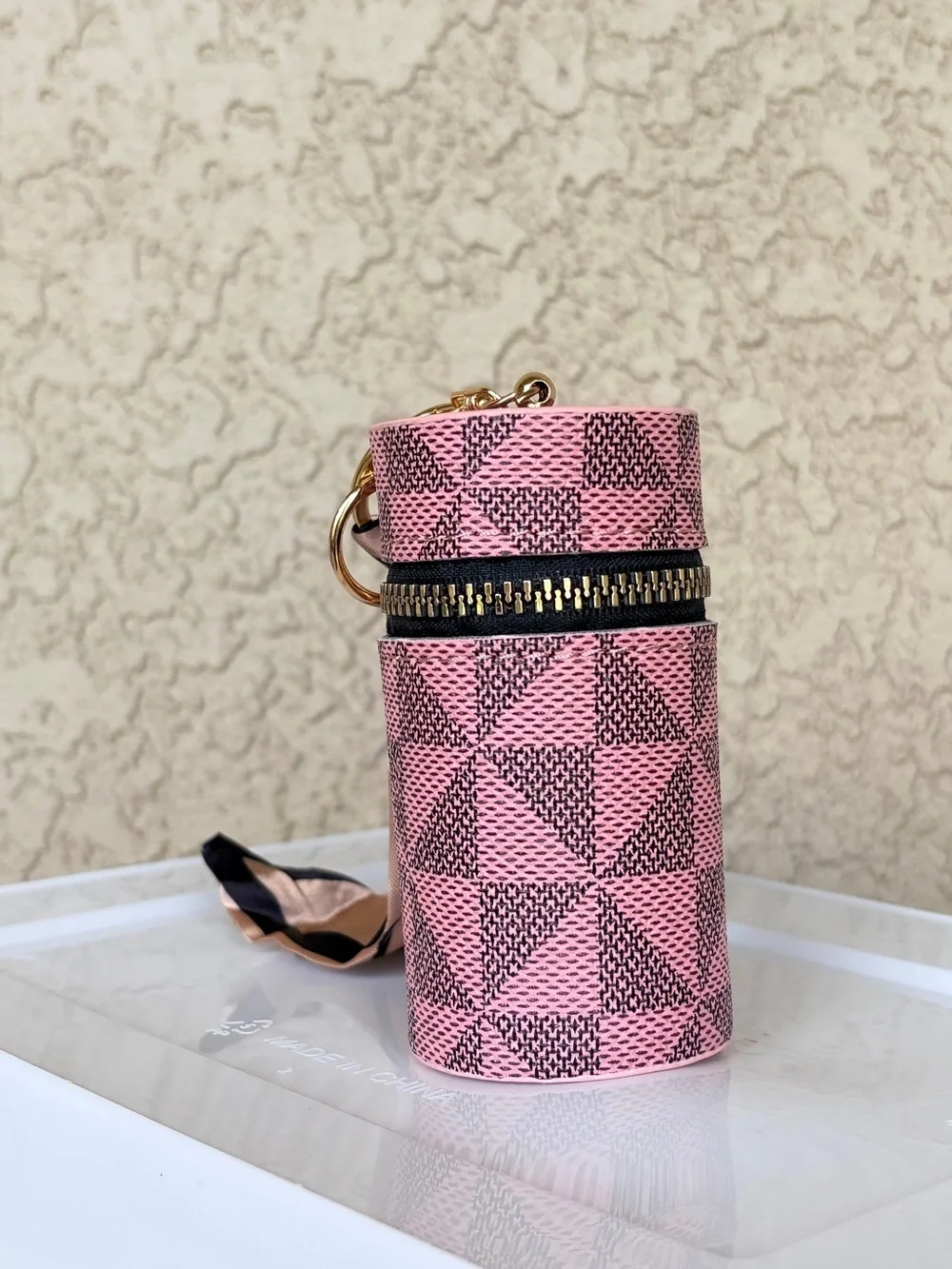 Pink Patterned Cylinder Compartment Bag with Scarf Accent